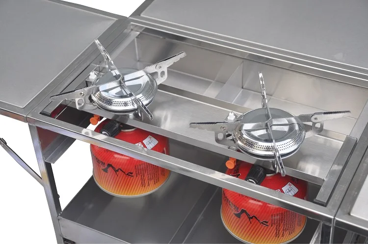 
Newest SUS304 Portable Foldable Storage Box Mobile Kitchen With Double Stove For Outdoor Camping Picnic 