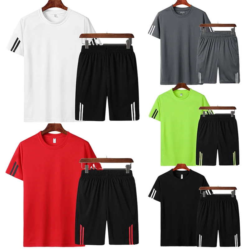 Summer 2021 Hot selling quick dry soccer jersey  running fitness sportswear two piece short set tracksuit for men