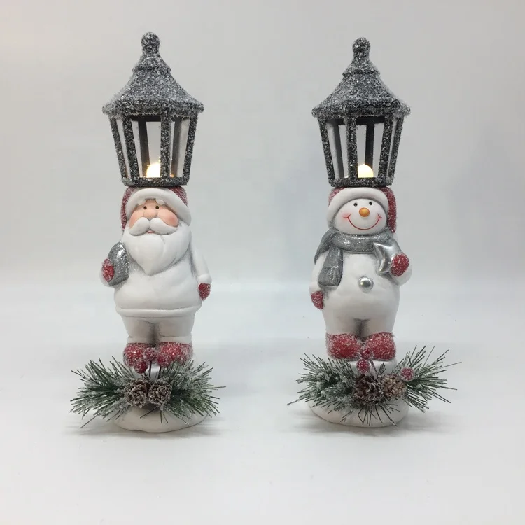 Garden decoration sculpture ceramic santa snowman figurines  Christmas LED light