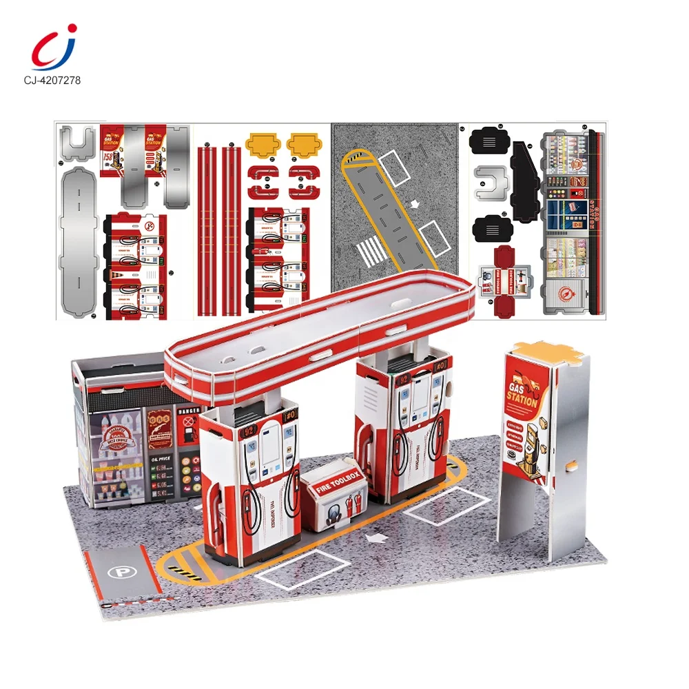 Chengji kids stem diy educational toys simulated scene 3D puzzles game set gas station toys for kids