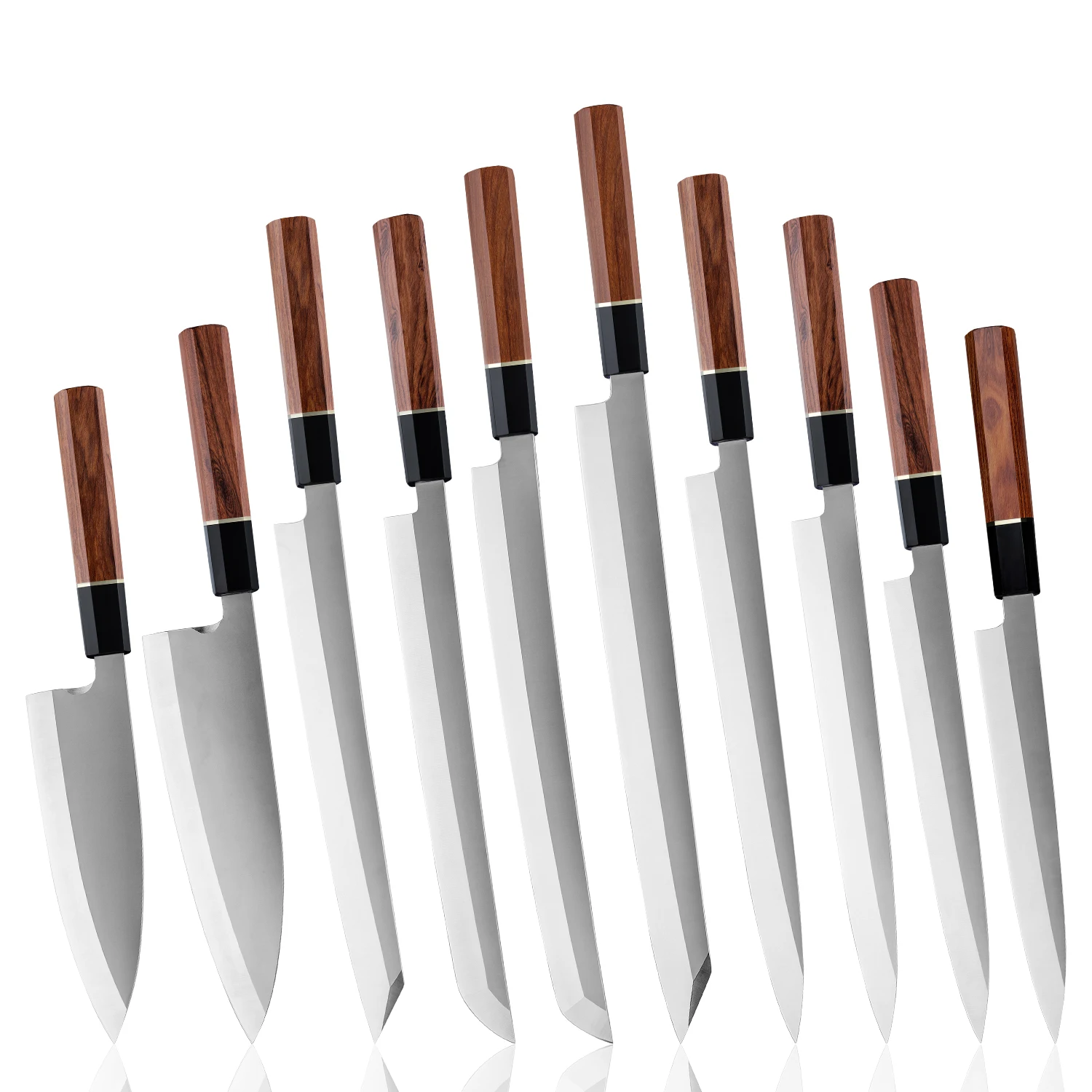 Premium 10PCS Japanese Fish Sashimi Knife Set Sushi Kiritsuke Yanagiba Knives Sets Black Buffalo Horn & Desert Ironwood Handle