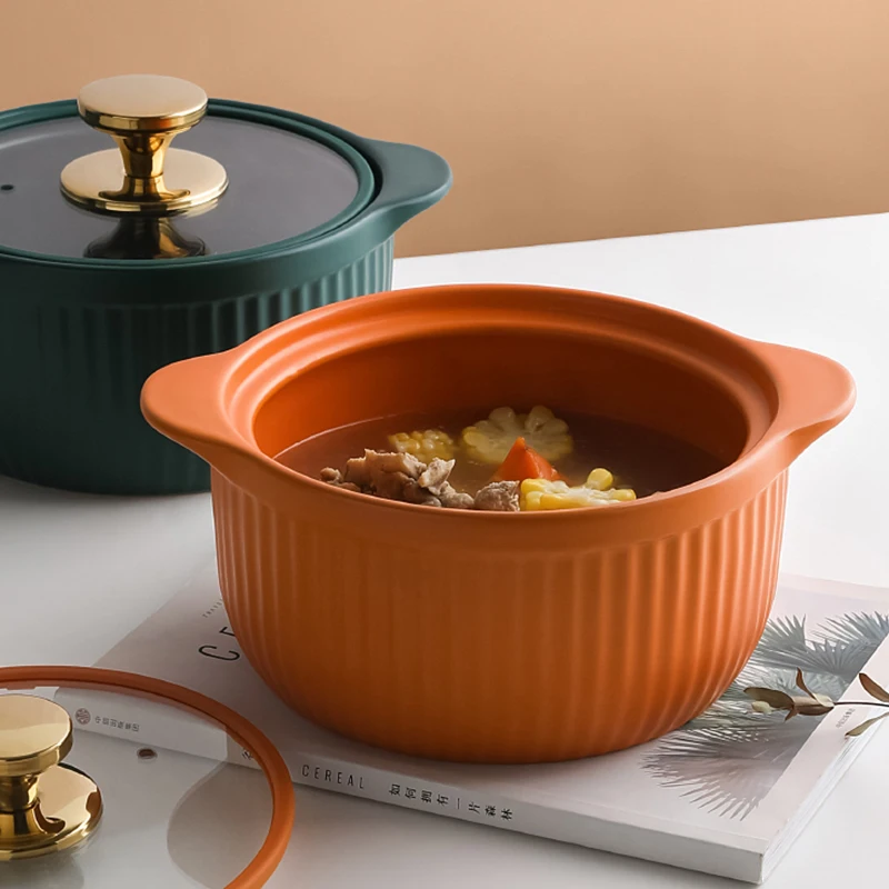 
Wholesale Ceramic Kitchen Soup Cooking Pot Two Ear Clay Casseroles Pots with Glass Lid Household Cooking Pot Cookware 