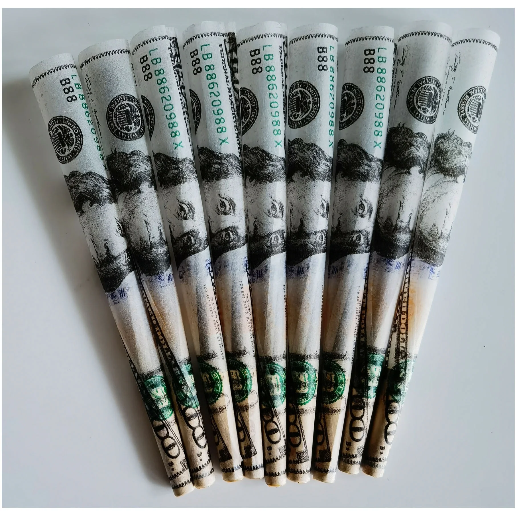 
Unique $100 dollar design Pre-Rolled Cones of king size 109x26mm - 800 Cones Per Box 