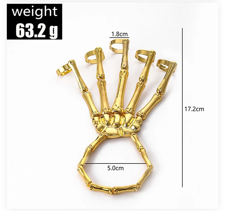 Handmade Fashion Personalized Punk Skeleton Hand Bone Versatile Five Finger Ring Elastic Bracelet Combination Jewelry Alloy