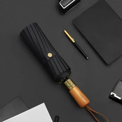 3 Folding Umbrella High-end Luxury Multi Colors UV Protection Windproof Business Automatic Umbrella With Golden Wooden Handle