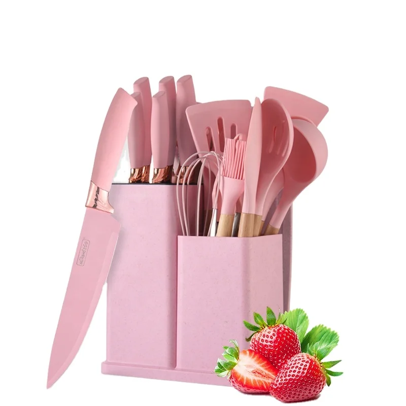 Kitchen Cooking Utensils Knife Set with Block, Holder Cutting Board Silicone Utensils 19 Piece Set