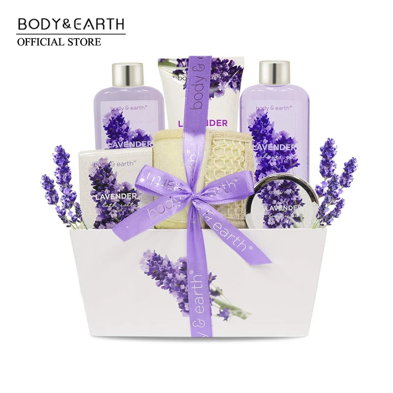 Bath Spa Gift Set, Gift Basket 7 Piece Lavender Scented Spa Basket Kits for Women