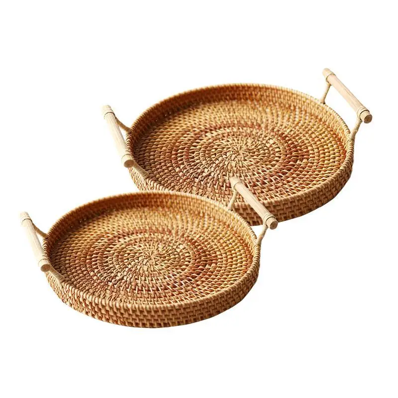 Hand - Woven Bread Table To Receive A Twine Handle Wicker  Round Snack Fruit Rattan Tray
