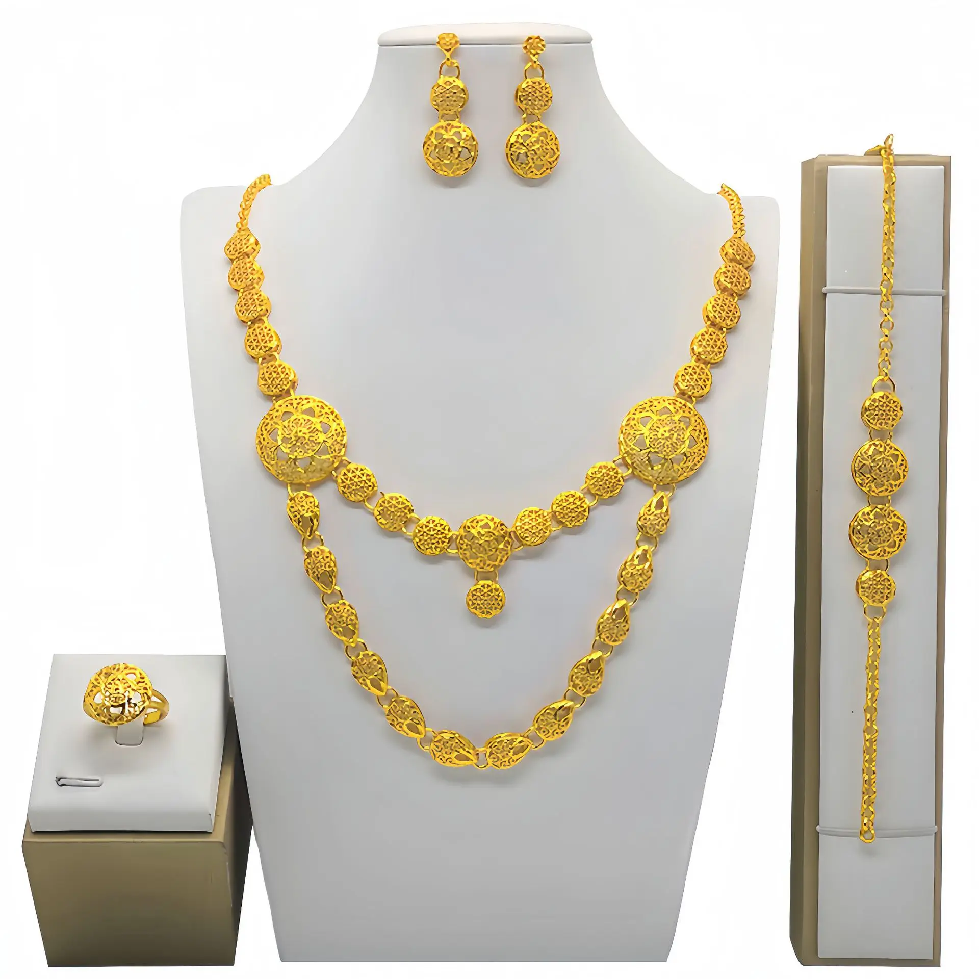 Ready To Ship African Nigeria Hollow Flower Necklace Bracelet Jewelry Set  Gold Plated Wedding Rings For Indian Bride