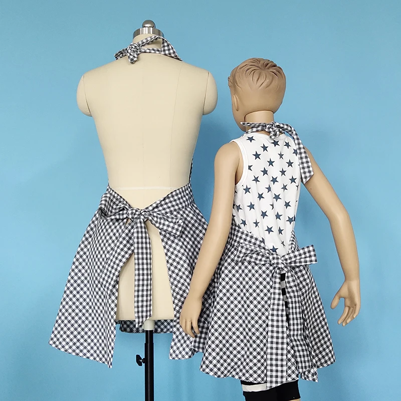 fancy model Adjustable adult or kids blue white plaid checks long dress bib Apron