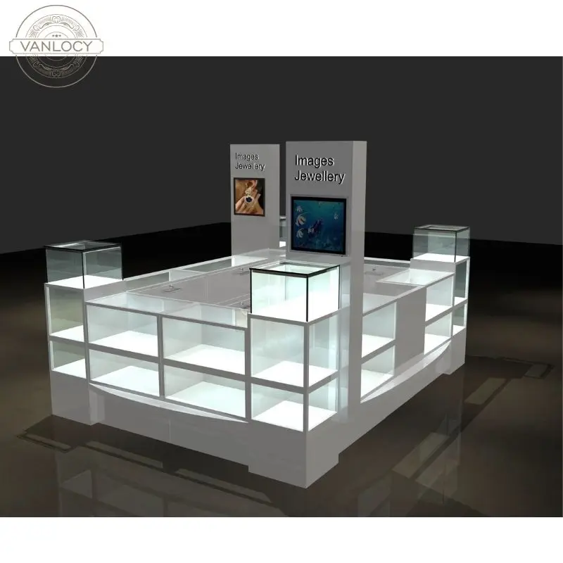 Large Space Wood White Paint Shopping Mall Jewelry Display Kiosk For Jewelry Display