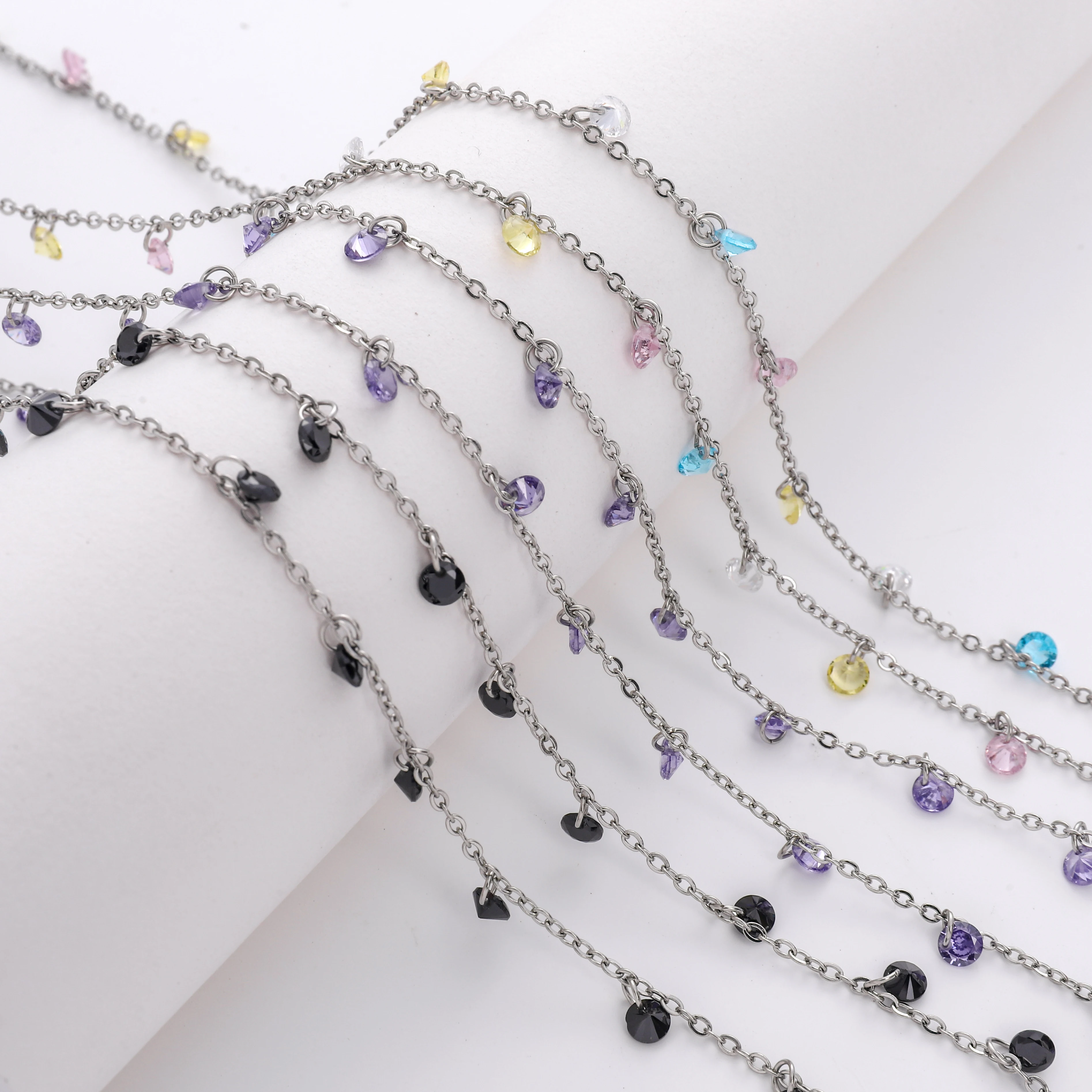 New designs stainless steel necklace chain jewelry body chain faceted 4mm zircon stone link chain