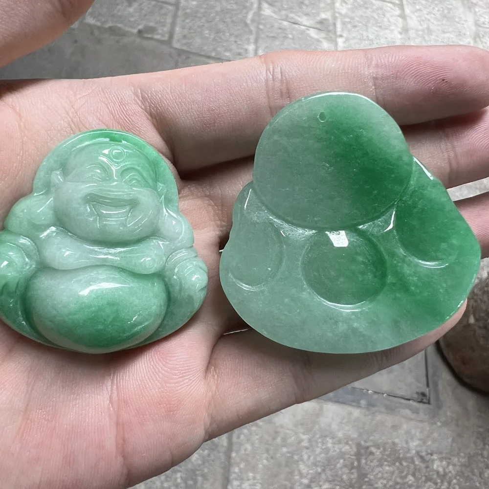 Wholesale Myanmar Bruma Jade White Green Laughing Budda 35mm Carved Jade Pendant For Jewelry Pendent DIY Accessories