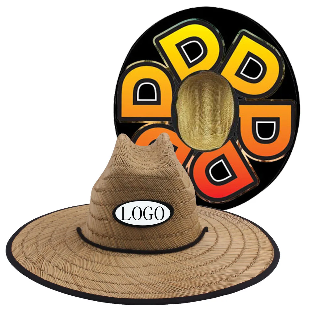 Custom Bottom Print Panama Straw Hats Summer Large Brim Surf Beach Hat Outdoor Wide Brim Sun Lifeguard Straw Hat With Patch Logo