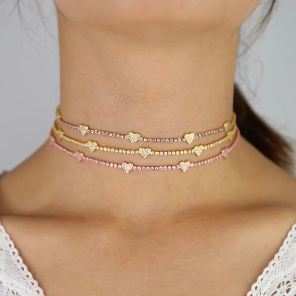 Trendy Pastel Color Cz Heart Shape Jewelry 5 Pcs Cute Sweet Heart Charm Tennis Link Chain Valentines Gift Choker Necklaces