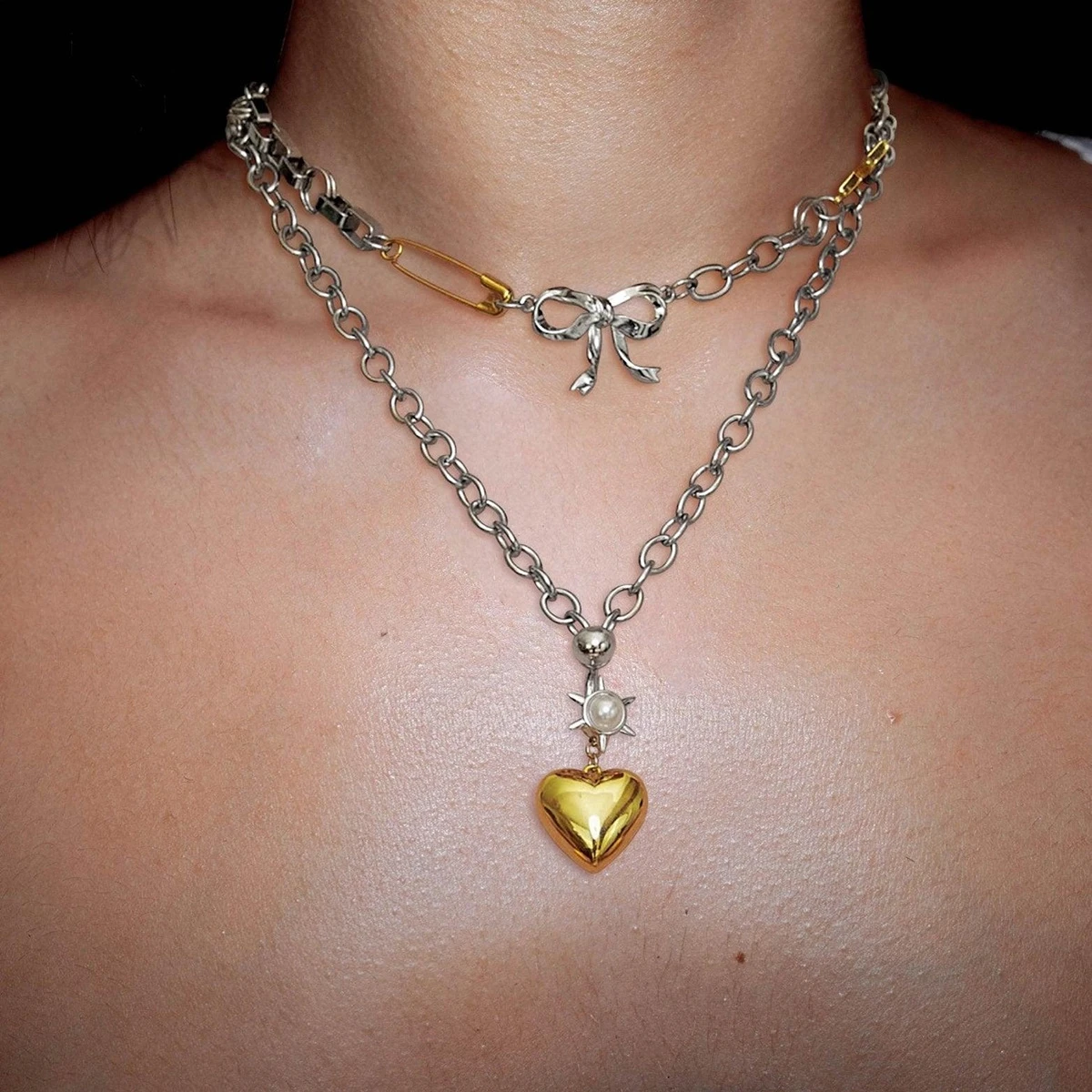 New Minimalist Chic 18K Gold Two Tones Stainless Steel Mixed Box and Link Chain Butterfly Star Bow Choker Necklaces