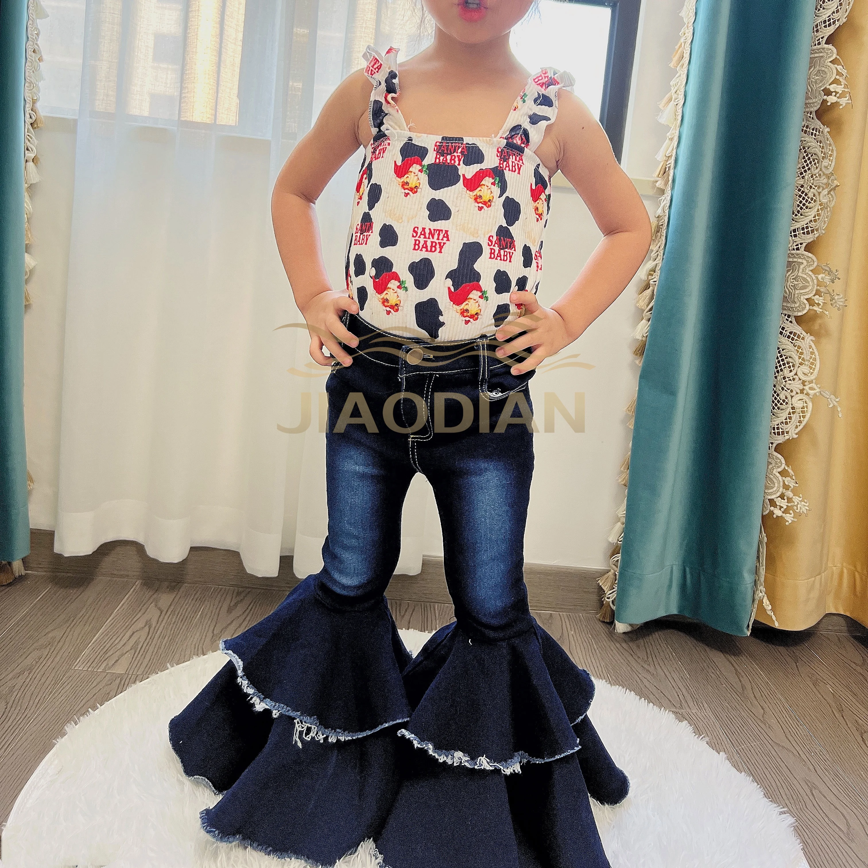 New Hot Sale Stylish Fall Winter Kids Denim Pumpkin Color Double Flared Bells Baby Girl Pumpkin Dual Ruffler Jeans Bells