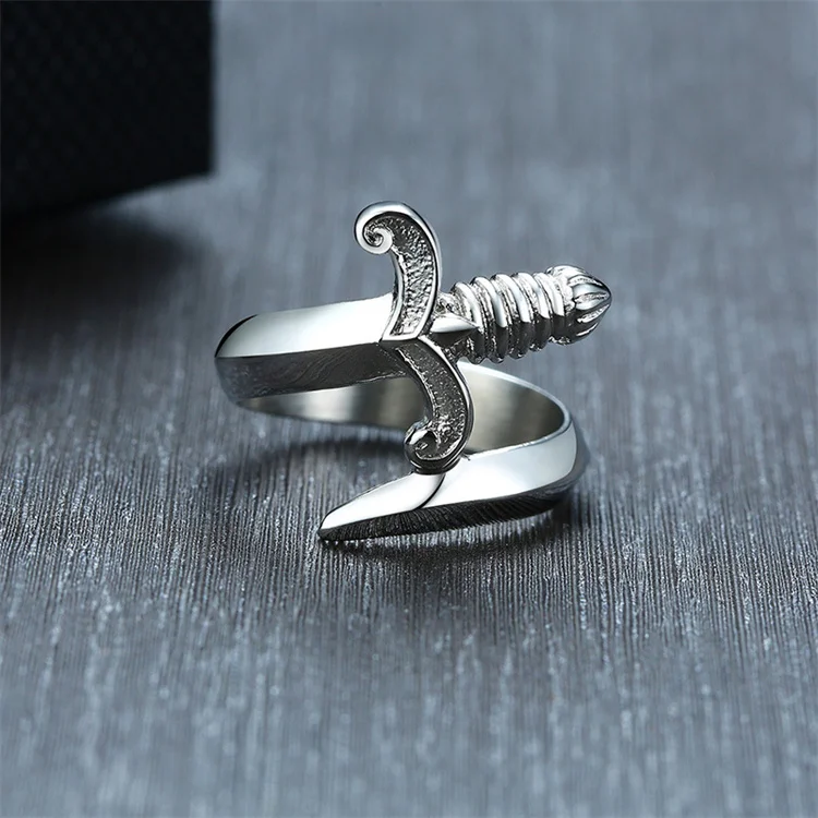 Punk style high polished dagger shaped ring curved sword stainless steel ring for men