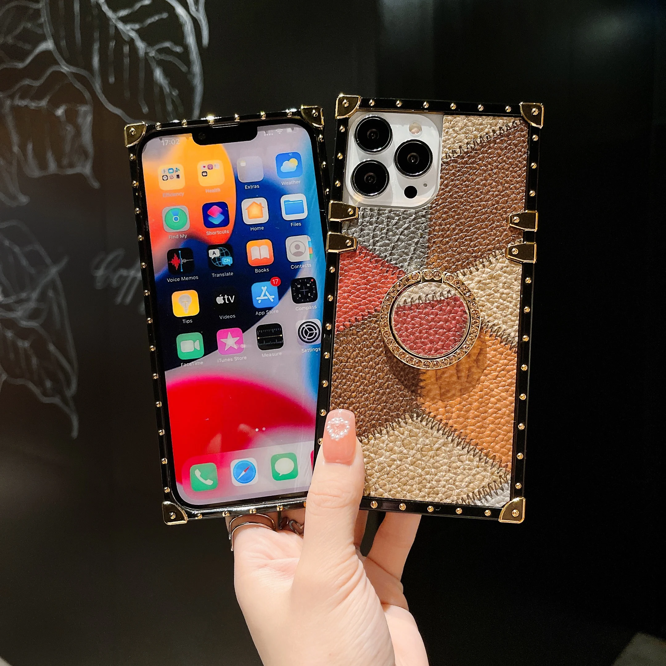 Luxury Square PU Leather Case Fashion Geometric Vintage Patch Lattice Leather Phone Cover For iphone 13 Pro max 12 min xs max 8