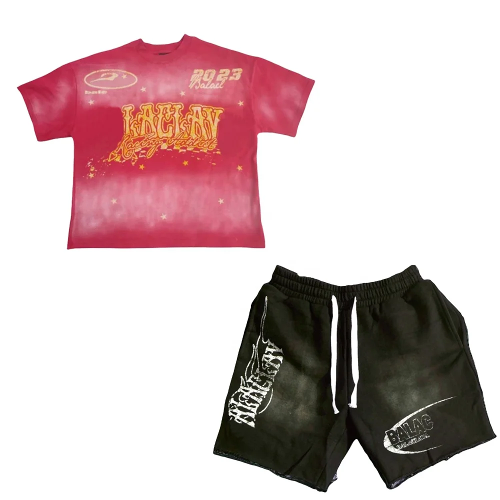 KY High Quality 100% Cotton Fabric Screen Print Transfers Wholesale Acid Wash Shorts Set