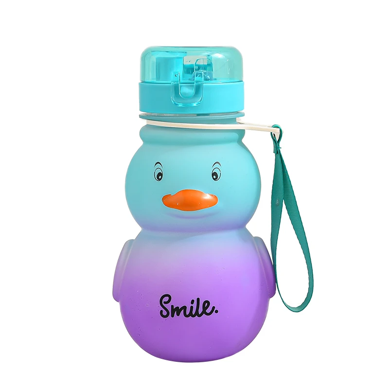 Cute Duck Shape 880ml Frosted Gradient Portable Plastic Drinkware BPA-Free Reusable School Water Bottle with Lid Kids School Use