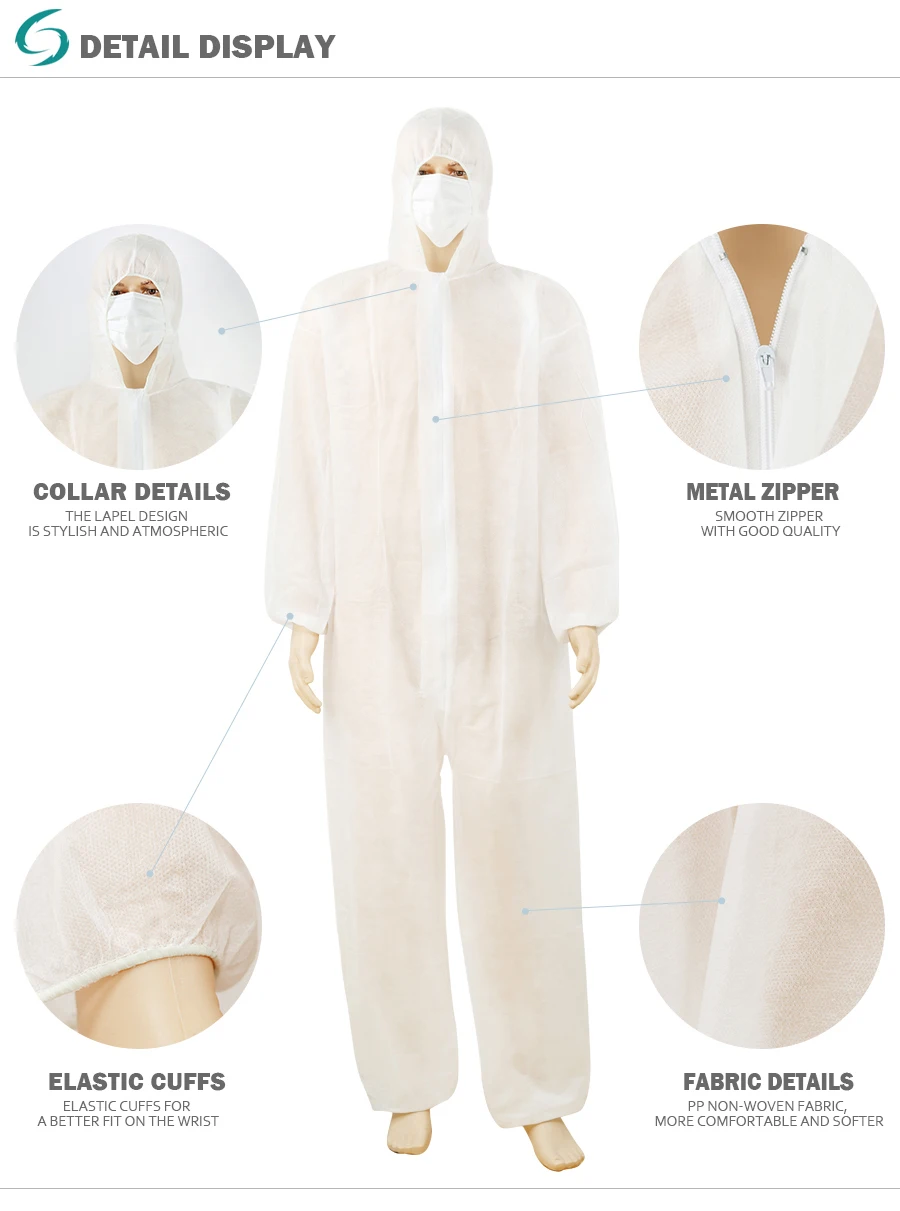 In Stock Disposable Nonwoven Microporous Sms Pp Protective Coverall White Cheap Type 5_6 Ppes Disposable Suit Safety Clothing