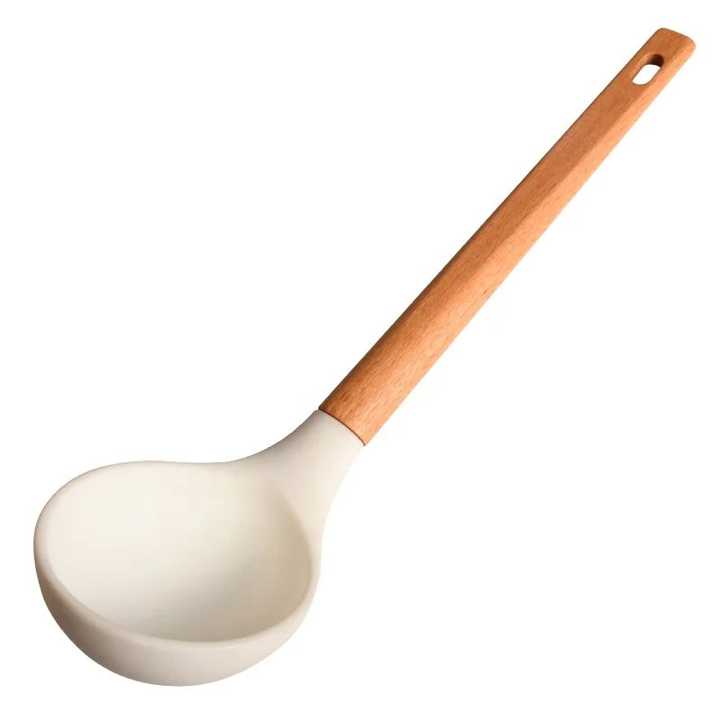 RTS Kitchen Cooking Utensil Silicone Ladle Spoon Ladles With Wood Handle For Kitchen Utensil