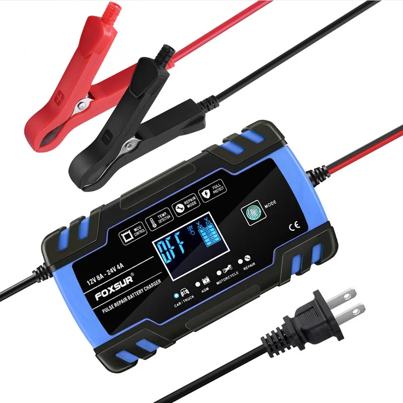 12/24V 8A Touch Screen Pulse Repair LCD Fast Power Charging Wet Dry Lead Acid Car Battery Charger