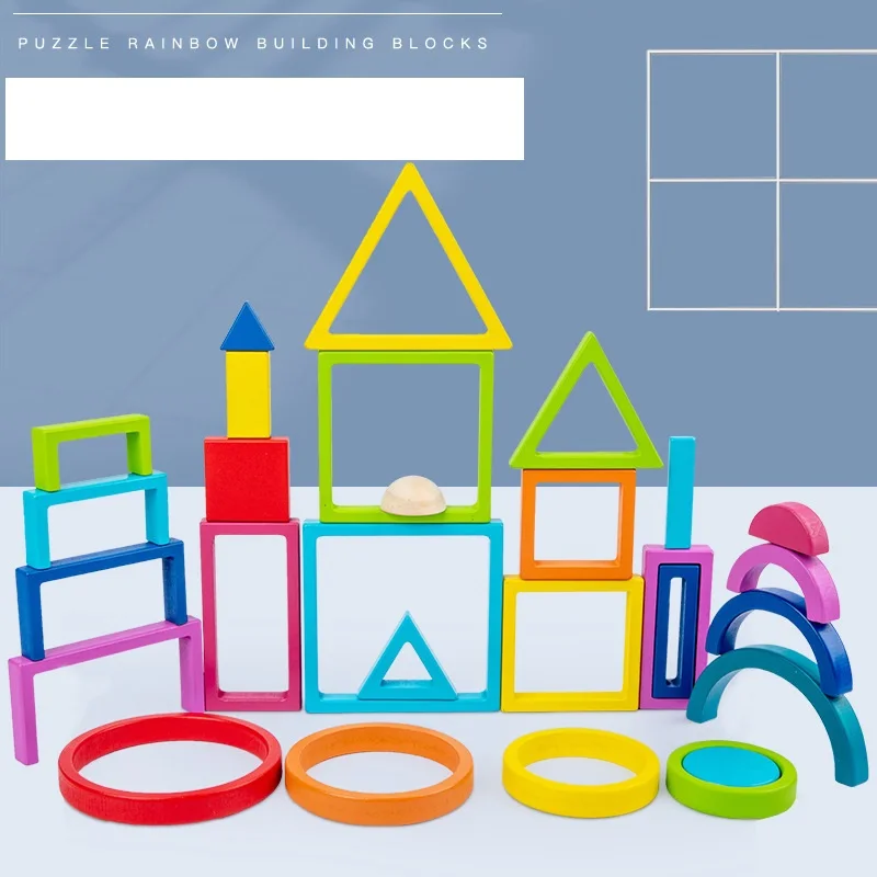 Kids wooden Montessori fidget toys Building blocks toddler art geometric creative jigsaw rainbow Rainbow Nesting Stacking toys