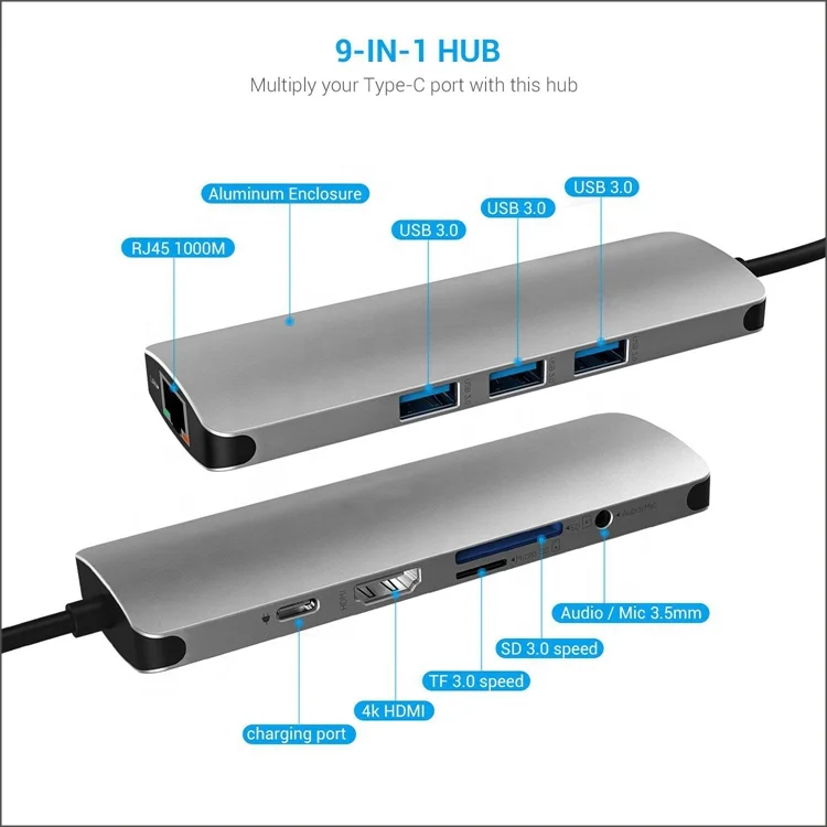 9 In 1 Usb C Hub Multipoort Adapter 4K 60Hz Hd Video Pd 100W 1000Mbps Rj45  Multifunction Docking For Laptop Usb C To 9In1 Hub