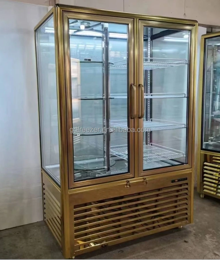 Commercial Bakery refrigerated showcase Rotating Cake Display Fridge with Vertical 4 side Glass
