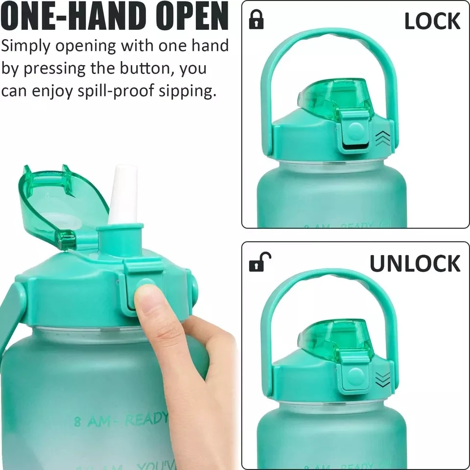 Tritan BPA Free Water Jug 64oz Motivational Plastic Gallon Water Bottle With Time Marker Straw for Fitness Gym Sports