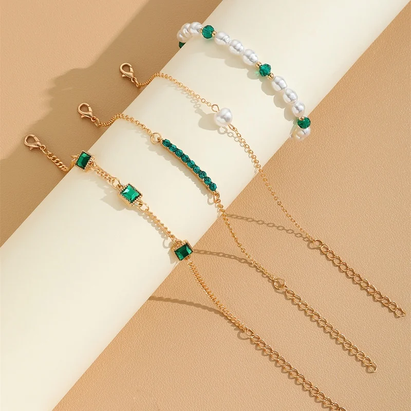 4Pcs/set Elegant Imitation Pearl Beaded Bracelets Women Noble Green Simulation Crystal Bracelet Femme Jewelry Party Gift