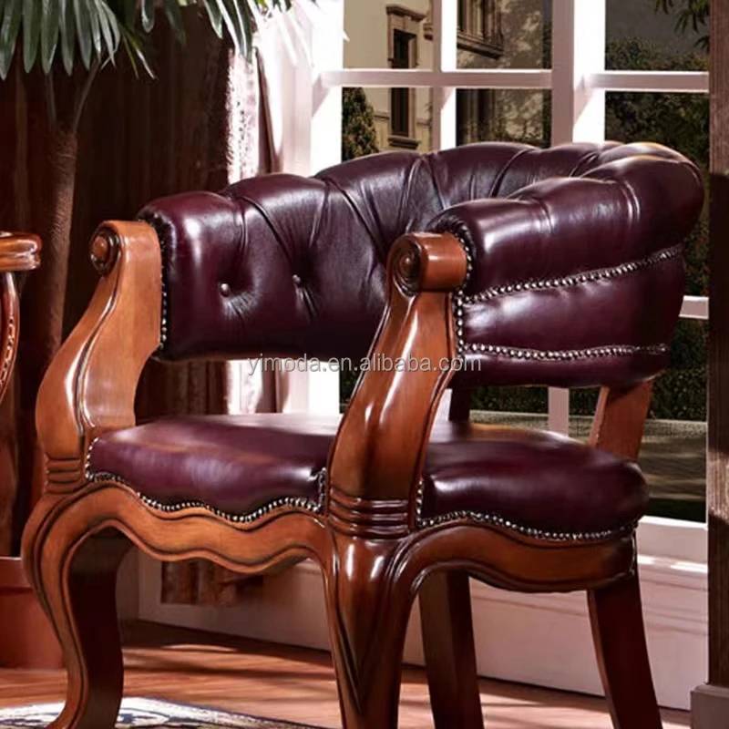 American Vintage Wooden Antique Upholstered Luxury chesterfield brown leather Accent Carved Chairs
