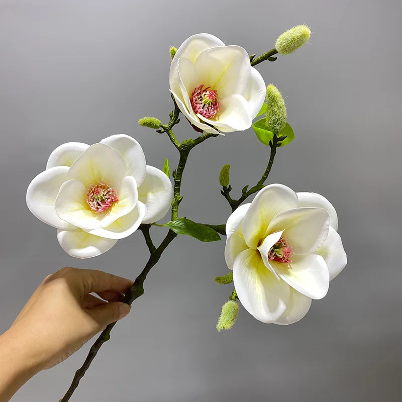 Simulation 3-headed short pole single branch round table decoration Real touch artificial flower arrangement artificial Magnolia