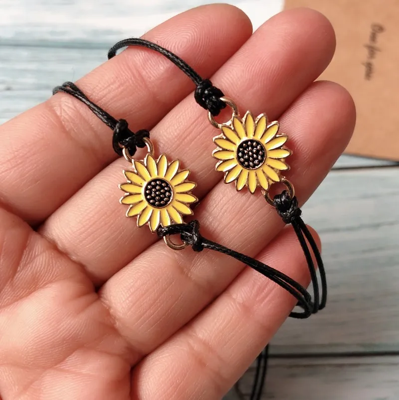 Handmade set of 2 bracelet with card Sunflower Charm daisy flower bracelet