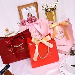 Candy Color Gift Paper Bags Solid Shopping Bag with Handle and Ribbon Wedding Party Favors Festival Big & Small Gift Bags 10pcs