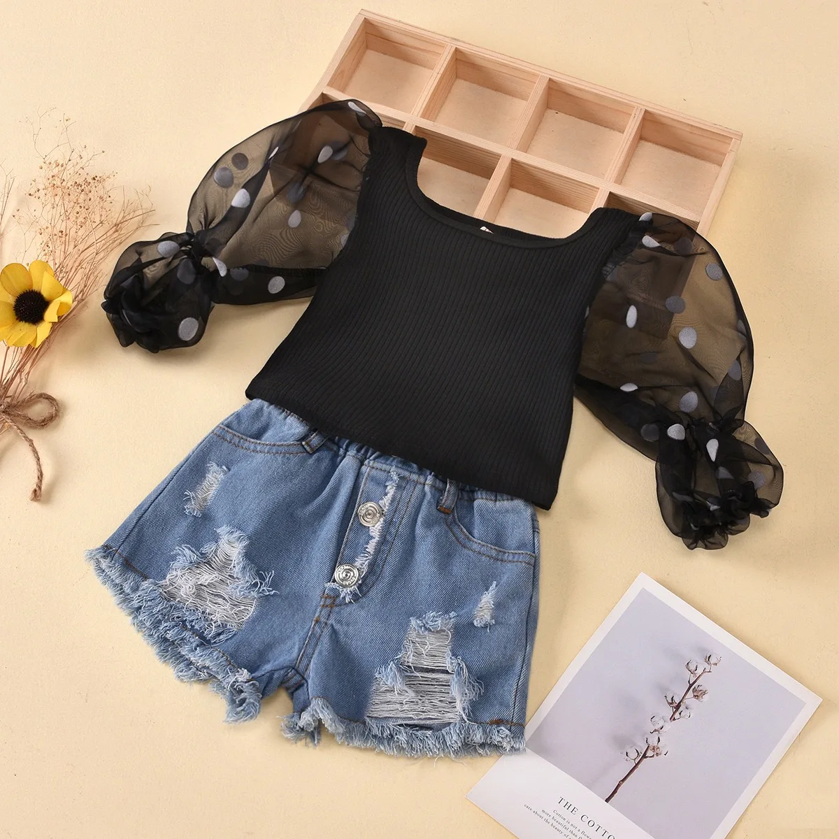 2024 summer Baby Girls Clothes Dot Printed Mesh Puff Sleeve Striped Tops Ripped Denim Shorts Kids Clothing Set