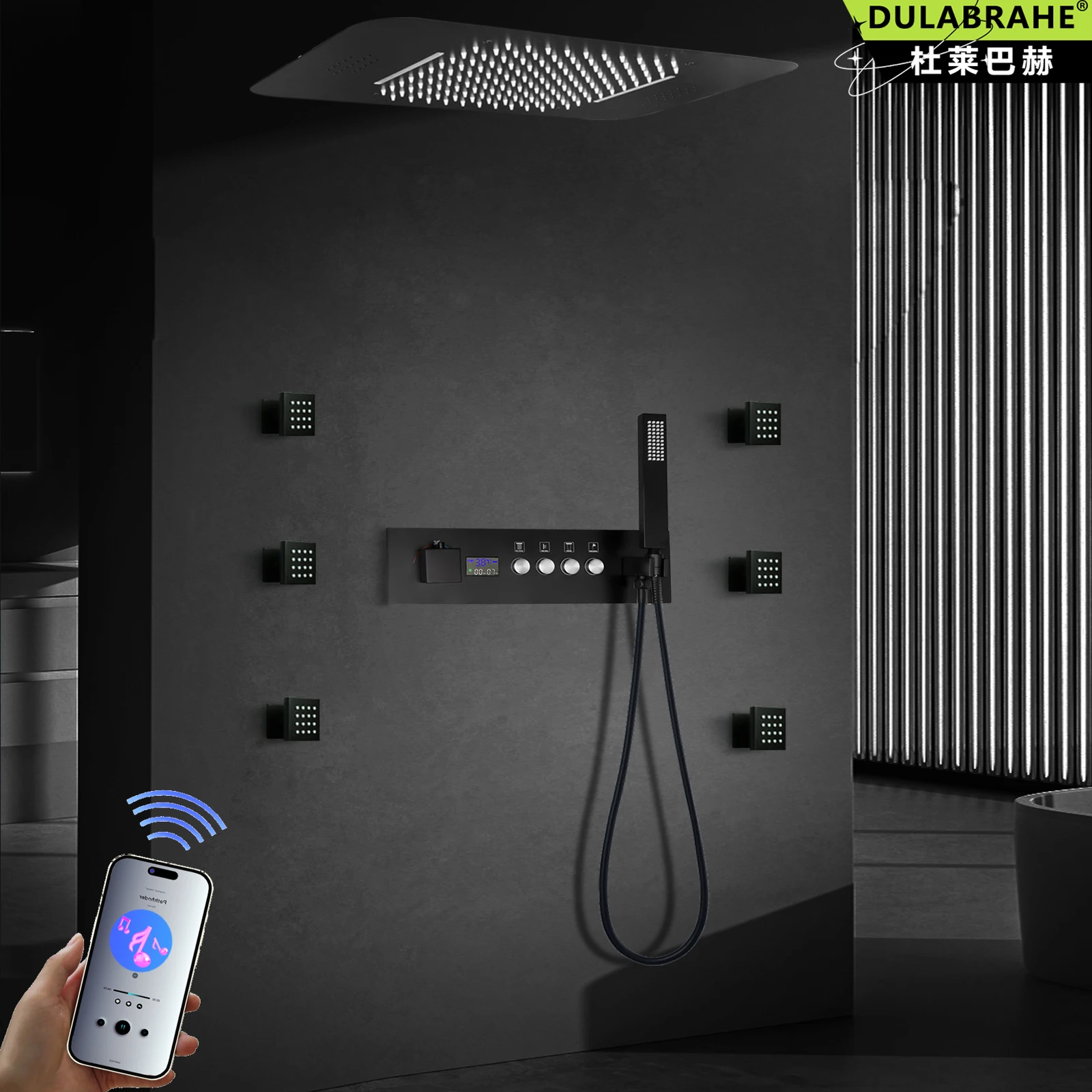 Ceiling Mounted LED Shower Head 23*15 Inch Build-in Music Speaker  Thermostatic Shower Valve Bathroom Shower Faucet Set