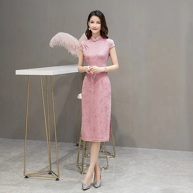 Платье-Ципао в китайском стиле, Элегантный Приталенный Сарафан до колен, с коротким рукавом, хлопковое вечернее, для женщин