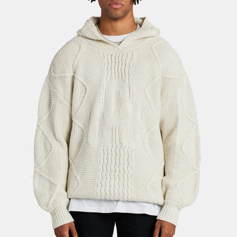 High Quality Fashionable Winter Plain Chunky Cable Knit Cotton Hoodie Men Custom Logo Hooded Sweater