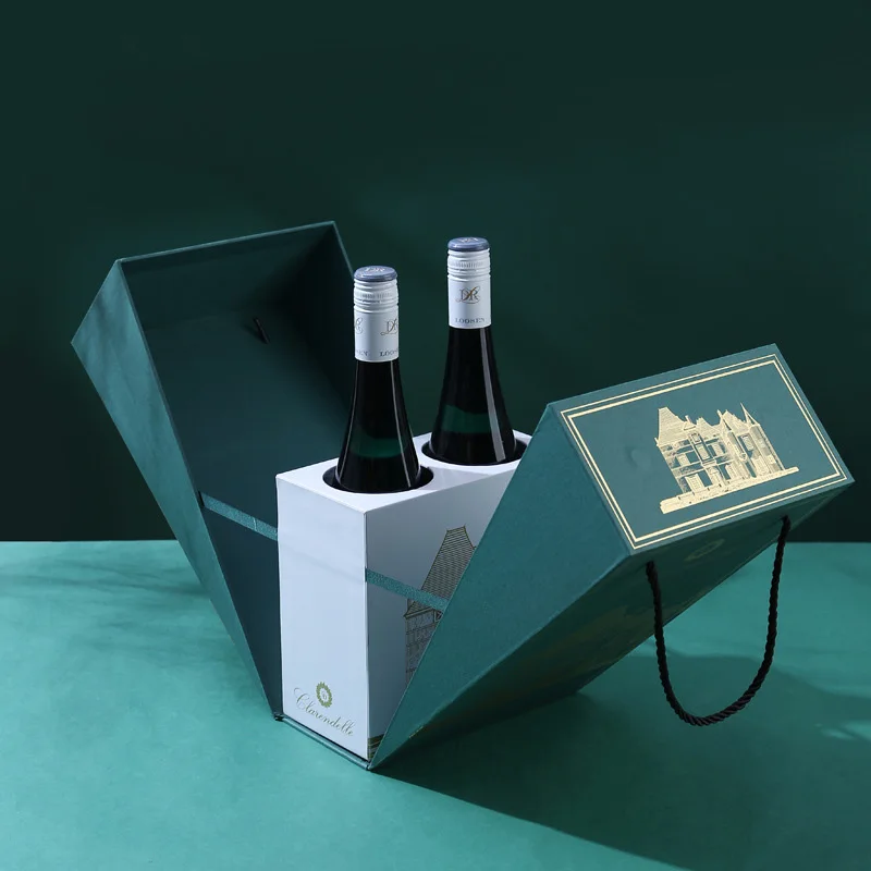 Customize Design Two Bottle Champagne Wine Gift Box Hand-held Whisky Box Gift Double Door Bag