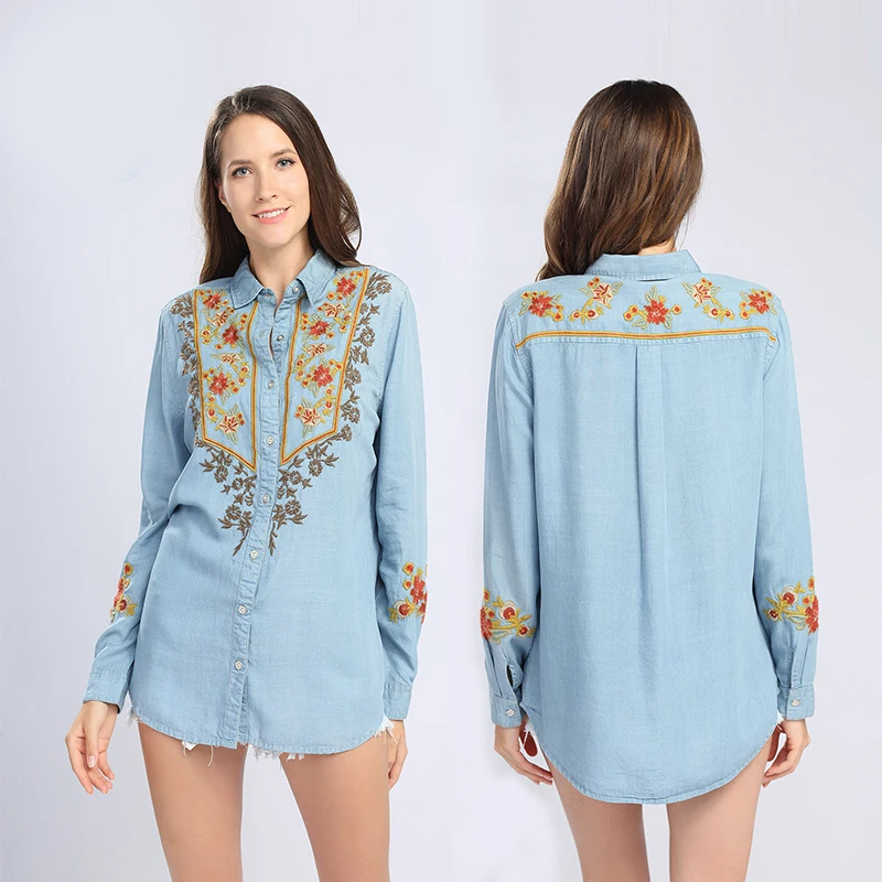 Turn-down collar embroidery floral embroidery autumn cotton denim blouses for women lady casual spring