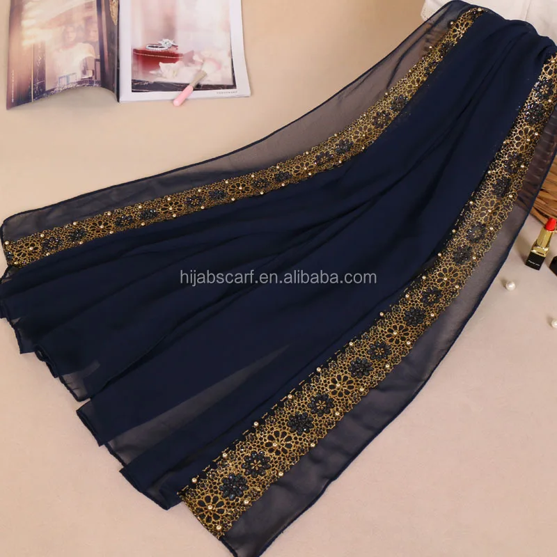 Women Muslim Glitter Floral Hijab Lace Silk Gold Beads Scarf Plain Hijab Lace Chiffon Shawl