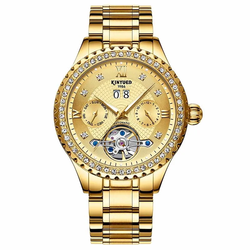 KINYUED Skeleton Mens Watches Top Brand Luxury Automatic Mechanical Watch Tourbillon Self Winding Militar Gold relogio masculino