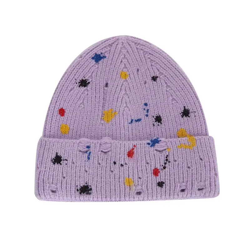 Custom Thick Knitted Crochet Multiple Color Blend Beanie Winter Hat Light Purple