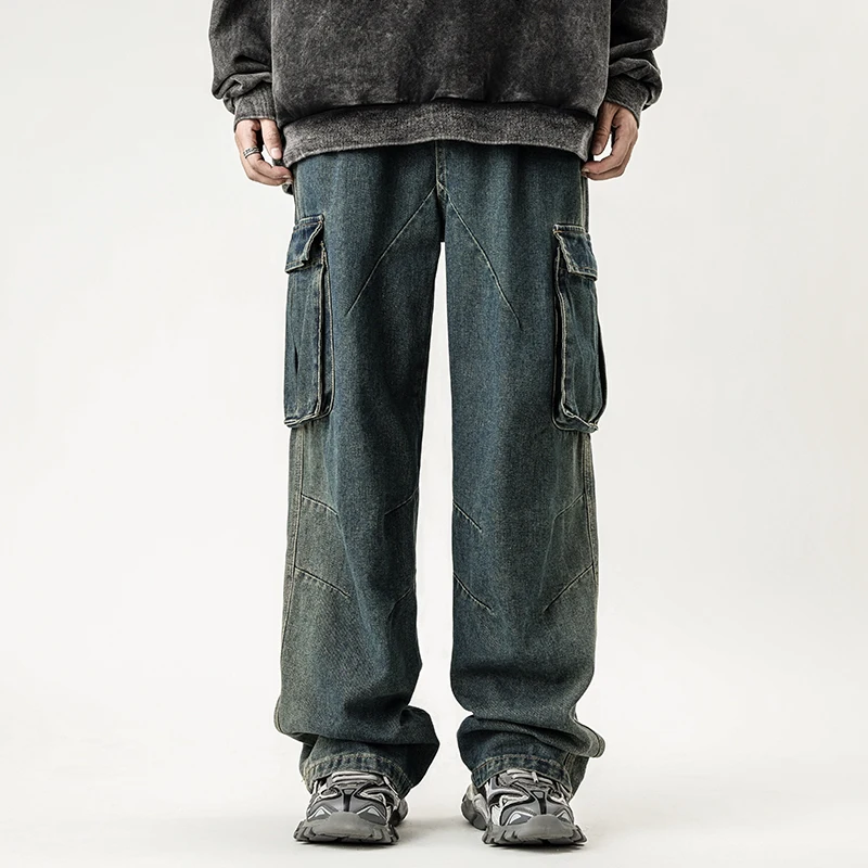 SKYKINGDOM American Retro Design Street Straight Leg Wide Leg Hip Hop Jeans for Men