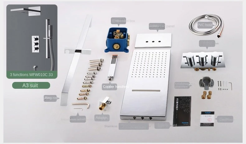 Luxury Household Chrome Square Top Shower Waterfall Bath Thermostatic Shower 3-Function Concealed Shower Set