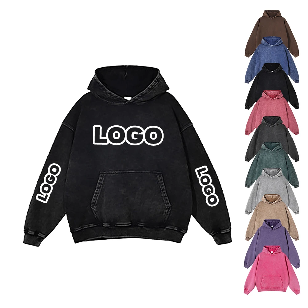 Custom Logo Embroidered DTG Silk Screen Printed Vintage Batik Acid Wash Heavyweight 100% Cotton Men Oversized Streetwear Hoodies