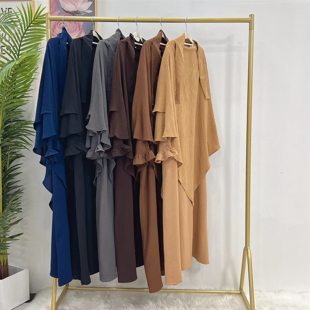 NEW High Quality EID Full Length Islamic Clothing Muslim Women Dress Butterfly Two Layers Khimar Two Piece Set Jazz Crepe Abaya